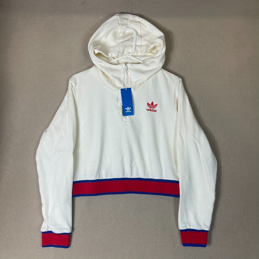 Adidas Hoodie Womens Medium White Embroidered Crop Pullover Sweater Adult‎ NWT